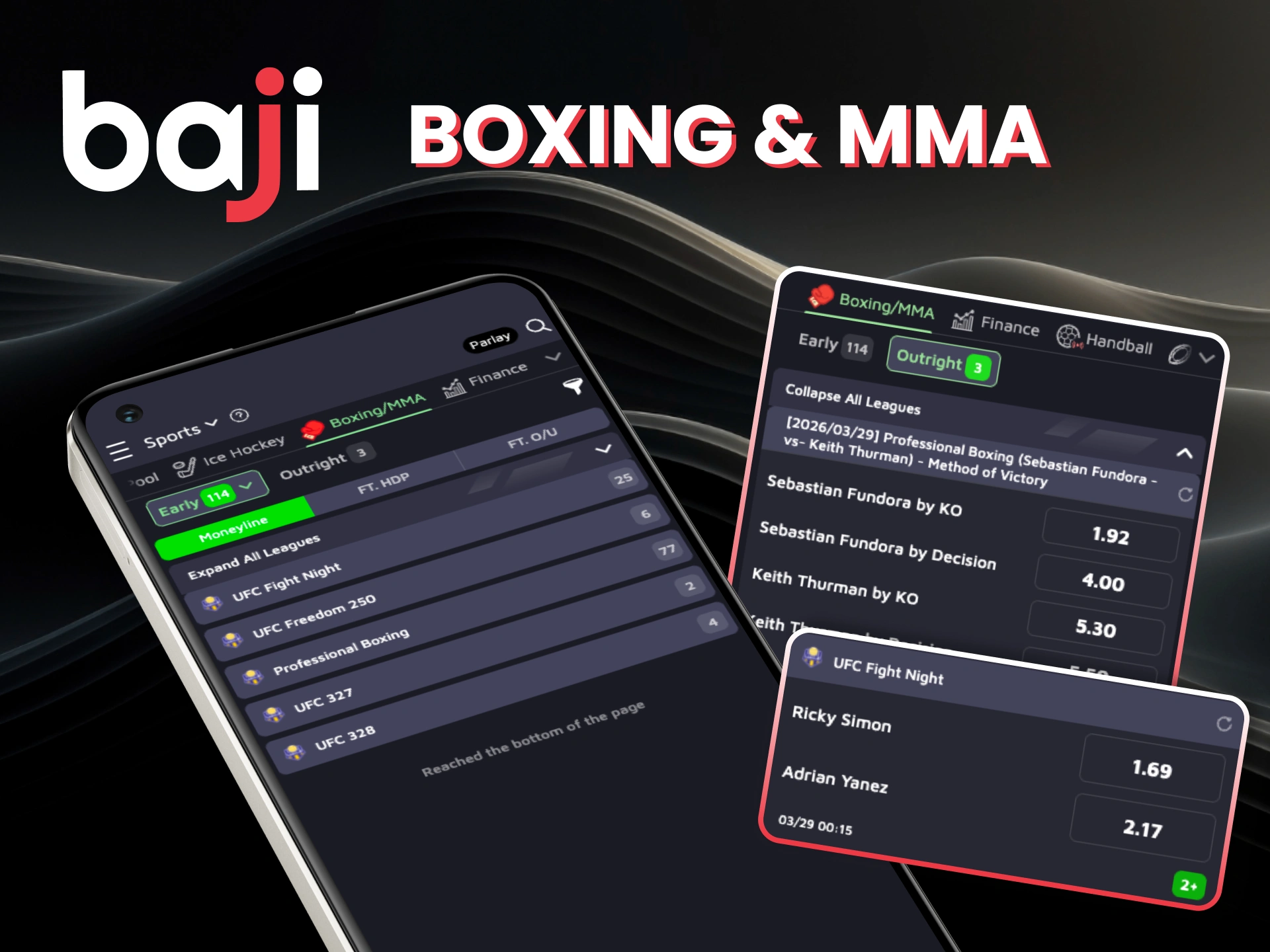 Step into combat sports on Baji and bet on major fights with diverse markets and live action.